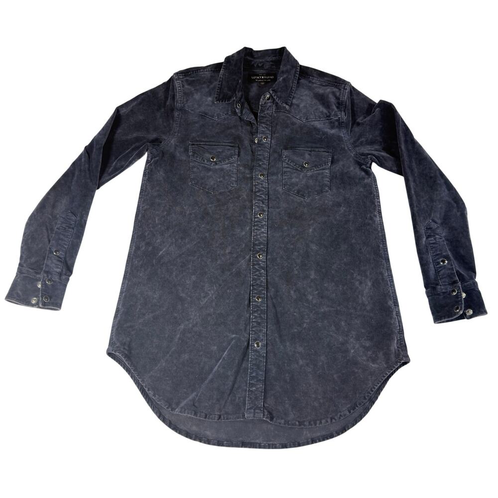 Lucky Brand Women XS Western Tunic Shirt Dress Snap Front Washed Navy
